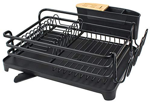 BRIAN & DANY Abtropfgestell Geschirr, Geschirrabtropfgestell Aluminium mit Becherhalter und Besteckkorb, Geschirrabtropfgitter mit Schwenkbarem, Schwarz