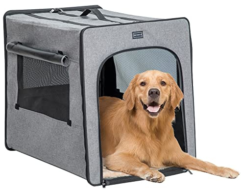 Petsfit Hundetransportbox, mit 3 cm dicken Plüschmatte, tragbare Transportbox Hund für große Hunden, geeignet für den Innen und Außenbereich,Hellgrau,L 79x53.5x66cm