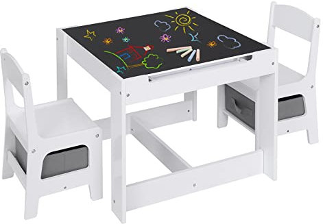 Lestarain 3 TLG. Kindertisch mit 2 Stühlen, Kindersitzgruppe, Kindermöbel Set mit Stauraum, Malttisch für Vorschüler, Tischplatte mit Tafel und Papierrolle, für Kinderzimmer Spielzimmer, Weiß