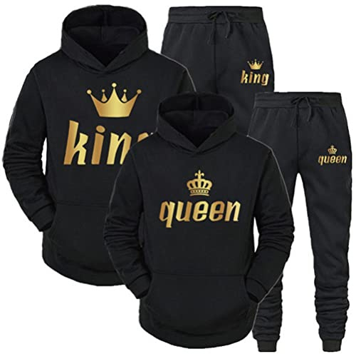 Minetom Pärchen Sportanzug King Queen Pullover Kapuzenpullover Hoodie Valentinstag Liebespaar Couple Damen Herren Jogginganzug Oberteile und Hose Set für Paare