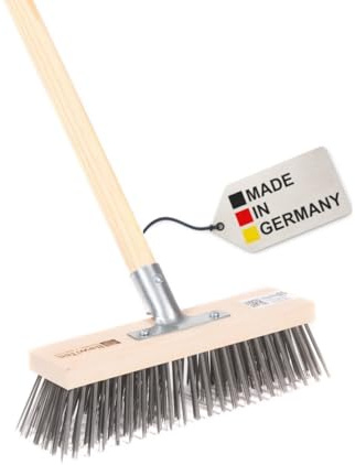 BawiTec Stahldrahtbesen, Drahtbesen 30cm Breit/Lang, mit Stiel Besenstiel 140cm Länge, Stahlbesen, Spezialbesen, Kratzbesen, Metallbesen, Stabiler Besen, Drahtborsten (mit Stiel 140cm)