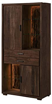 MASSIVMOEBEL24.DE | BARK by WOLFMÖBEL - Schrank aus Massivholz #203 inkl. LED-Beleuchtung | Akazienholz - Dunkelbraun, lackiert| 88 x 40 x 180 cm | 2 Schubladen - 9 Fächer | echte Baumrinde