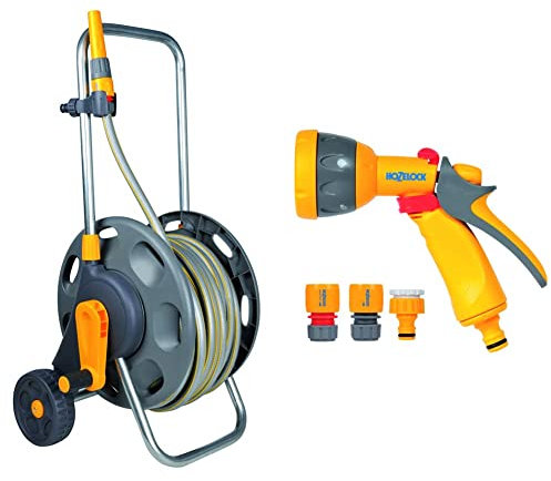 HOZELOCK - Dévidoir Chariot Plus 50 M (Ø 12.5 mm) Assemblé : Capacité Max 60 M & Kit Pistolet d'Arrosage Multi-Jets Ø 12,5mm - 15mm (1/2- 5/8) : Kit d'Arrosage Complet, Nécessaire