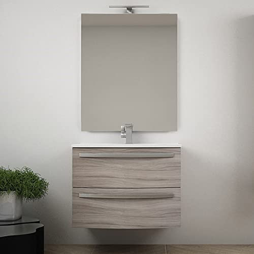 Yellowshop, Mobile Bagno Sospeso, Curvo, 75 cm, 2 Cassetti, con Lavabo e Specchiera LED, Larice (Composizione completa)