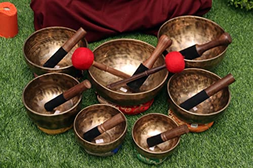 Generic Spiritual Seven Chakra Notes Tiger Eye Singing Bowl Set of 7 - Meditation Bowl - Tibetan Singing Bowl - Blessing Bowls From Monk