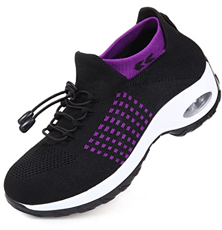 STUNAHOME Dra-på-sneakers för kvinnor, tjock botten, luftkudde, promenadskor, ventilerande nät, sneakers, ortopediska skor för kvinnor, Svart lila, 42 EU