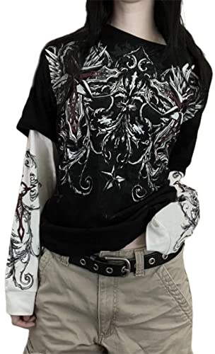 Camisa gótica para mujer, de manga larga, vintage, con estampado cruzado, cuello redondo, blusa estética delgada, recortada, ropa grunge, Negro#3, L