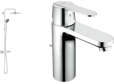 GROHE Colonne de douche mitigeur thermostatique Vitalio Joy 260, 50% d'économie d'eau et d'énergie, tablette incluse, tête de douche 260mm, douchette 3 jets, chromé, 26403002 (Import) & GROHE