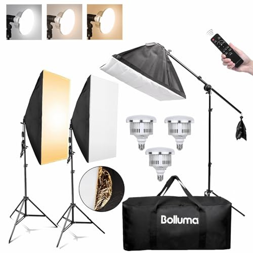 BOLLUMA 3X Softbox Set, Ampoule LED Bicolore 50W E27 3000-6500K avec télécommande, trépied Lumineux de 2m avec Bras et réflecteur 5en1, Sac de Transport pour Studio Photo Portraits Produits Photo