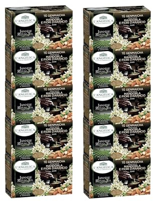 L'Angelica, Tè Verde Genmaicha, Aromatizzato alla Mandorla e Fiori d'Arancio, Tè Verde Giapponese, Sapore Nocciolato, Intenso, Infusi e Tisane Orientali, 10 Confezioni da 15 Filtri