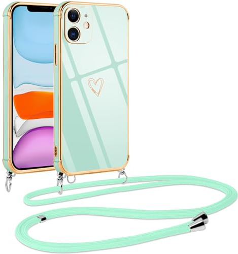 Vauki Coque pour iPhone 11 avec Cordon de Collier, Galvanisé Etui Housse avec Motif Coeur d'amour, Antichoc Anti-Rayures Case avec Bandoulière pour iPhone 11 6.1, Vert