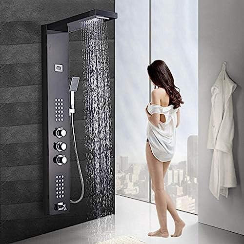 Panneau de Douche Cascade de Pluie, Jets de Massage, Colonne de Douche, mitigeur thermostatique, Robinet de Douche, Tour de Bec de Baignoire, Bronze Noir, Nickel brossé
