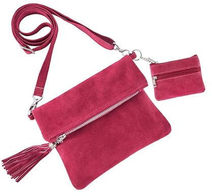 Women's Suede Real Leather Messenger Bag Fold-Over Crossbody Bag With Coin Pouch 0686 (Fuchsia Pink)