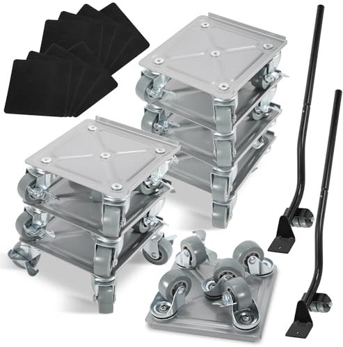 Ollewiellan Lot de 8 roulettes de transport pour meubles avec cric de charge, 5 roulettes pivotantes avec frein, 600 kg, aide au transport, charge lourde