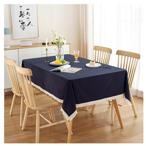 AMDXD Tischdecken Marineblau, Einfarbig mit Quaste Tischtuch Baumwolle, Tischdecke für Biertisch Dauerhaft Kratzfest für Esszimmer, Garten, Party, Hochzeiten oder Haushalt, 120x160CM