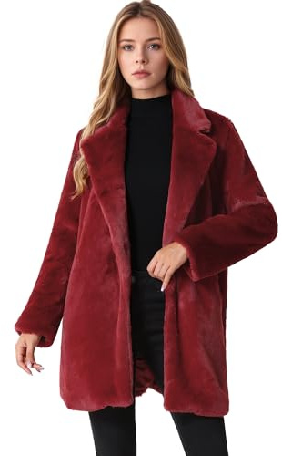Allegra K Women's Faux Fur Coat Lapel Warm Overcoat Winter Open Front Casual Long Fluffy Jackets X-Small Red