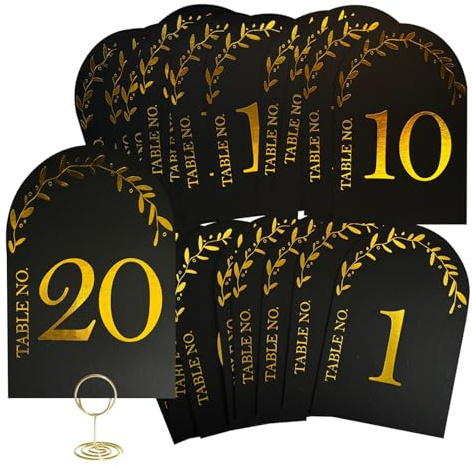 Tischnummern für Hochzeiten 1-20 Schwarz Gold Tischnummernkarten mit Haltern Doppelseitige Tischplatzkarte 4x6 mit Haupttischkarte für Hochzeiten Restaurant Geburtstag