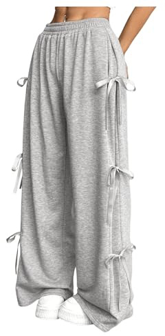 Verdusa Women's Baggy Sweatpants Elastic Waist Casual Bow Wide Leg Pants with Pocket Y2K Going Out Travel Pants Light Grey Medium