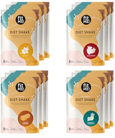 FIT ME Abnehmshake 12 x 25 g Portionsbeutel, Diätshake zum Abnehmen, Probobierset in 4 Sorten, Vanille, Erdbeere, Salzkaramell & Kokos-Ananas, Glutenfreier Shake, Kalorienarm & Proteinreich, Diätdrink
