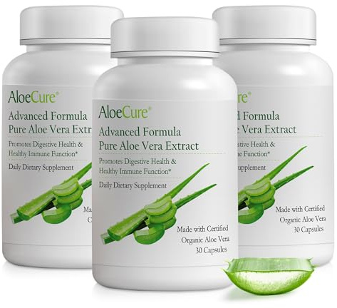 AloeCure Aloe Vera Capsules, Made with Organic Aloe Vera to Gently Support Gut Health & Digestive Comfort, Stomach Acid Buffer, Natural Immune Supplement, Aloin Free, 30 Capsules x 3-Bottles