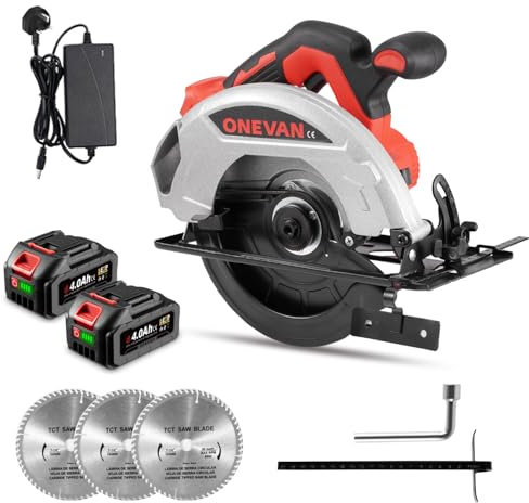 Cordless Circular Saw Battery Power Saw - Circular Saws with 3 7(185mm) inch Saw Blades, 45.5 mm (90°), 35.5 mm (45°) Cutting Depth, for Wood, Soft Metal, Plastic, PVC (Red)