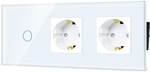 TAWOIA Normaler Lichtschalter mit Steckdose,EU Standard 2 Fach Steckdose Unterputz 1 Fach 1 Wege Lichtschalter Glasscheibe 86 * 228mm Weiß