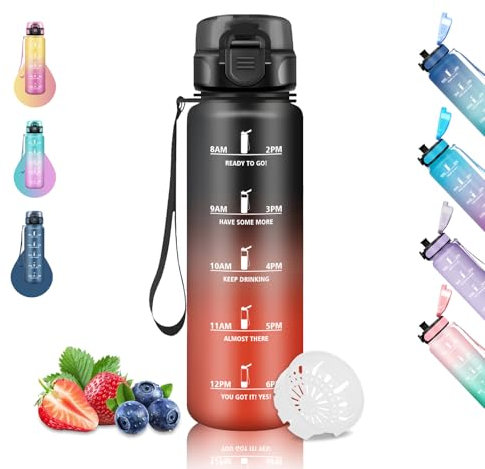 Borraccia 1 Litro, Borraccia Palestra, Senza Perdite, Borraccia Graduata, Borraccia con Orari per Bere, Facile da Pulire, Borracce per Sport, Escursionismo, Corsa, Trekking, Campeggio, Nero-Rosso