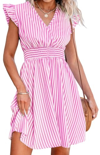 CUPSHE Women's Mini Dress Striped V Neck Flutter Sleeve Smocked Waist A Line Casual Summer Dresses