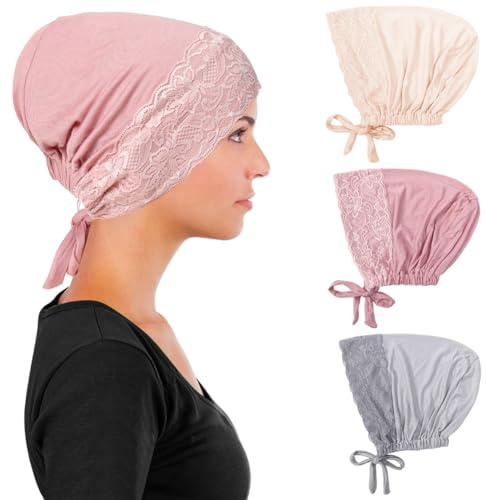 Besforta 3 st kvinnor inre hijab underkeps för muslimsk islamisk, spets bomull under hijab mössa underscarf hatt turban, Beige, rosa, grå, One Size