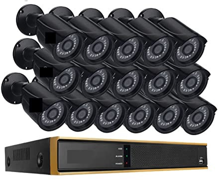 RKYRRKI Kit de cámara de vigilancia, sistema de cámara CCTV de 16 canales, 16 unidades, sistema de cámara de seguridad IR de 2 MP, H.265 P2P, kit DVR impermeable para exteriores (2T, Nero)