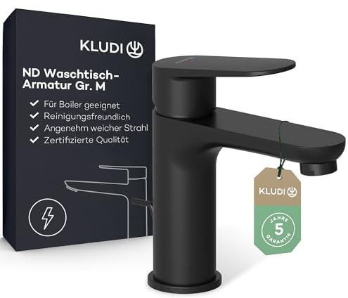 KLUDI-X1 Niederdruck Wasserhahn Bad, Auslaufhöhe 95 mm, wassersparende Waschtischarmatur Schwarz Matt Größe M, Mischbatterie Waschbecken inkl. 3 Anschlussschläuchen (Boiler Zu-und Rücklauf)