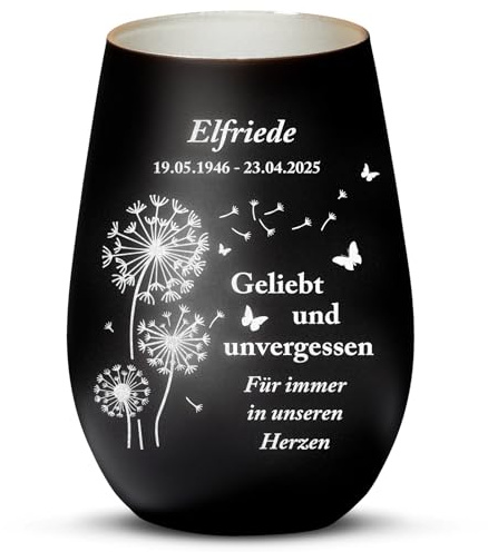 Love Faith personalisiertes Trauerlicht - Unvergessen - schwarz/Silber | Mattiertes Teelichtglas - Graviere Namen & Datum - Stimmungsvolles Trauergeschenk & Erinnerungsstück