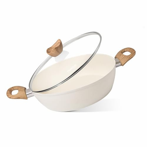 Non Stick Cooking Pots with Glass Lid – 3.1 Quart Induction Hob Stock Pot – Kitchen Shallow Casserole Cookware – 26cm, Cream – by Nuovva
