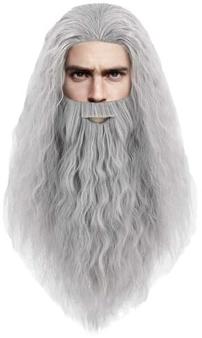YOUYIKE Perücke Herren Karneval Cosplay Vollbart Wig Langhaar Gelockt Zauberer Perücke mit Bart für Fasching Kostüm Party