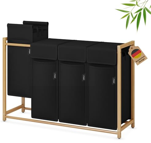 XMHome Wäschekorb 198L mit 4x49L Fächern Bambus Wäschesammler mit Deckel | Wäschesortierer mit herausnehmbaren Taschen, rechteckige Wäschebox für Schlafzimmer, Bad & Waschküche Schwarz