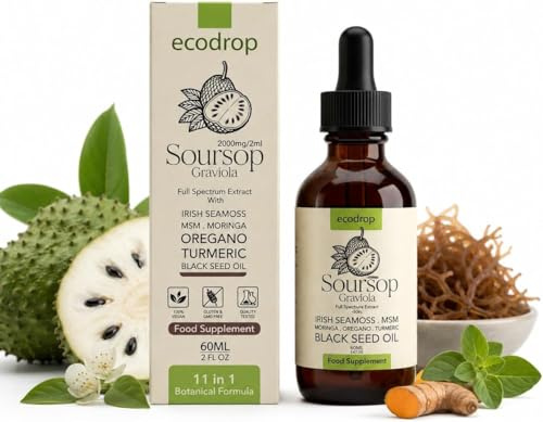 ECODROP Soursop Drops - 60 ml | 2000mg | 11-in-1 Herbal Multivitamin Supplement | Contains Soursop Bitters Fruit Extract, Irish Seamoss, Moringa, Turmeric, Oregano & MSM | with Dose Dropper
