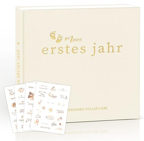 Hyggartn Mein Erstes Jahr Babyalbum – Leinen Hardcover in Creme, 84 Seiten – Erinnerungsbuch für das erste Babyjahr mit 4 Stickerbögen – Liebevolles Geschenk zur Geburt & Taufe