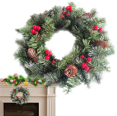 Ghirlanda Natalizia per Porta,40 cm Ghirlanda con Luci per Interni - Decorativa Realistica per Finestra Cucina Parete Esterna