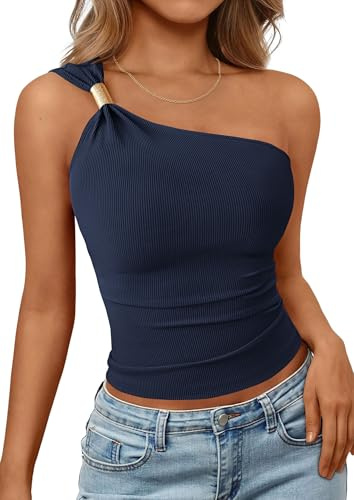 PRETTYGARDEN One Shoulder Going Out Tops for Women Trendy 2026 Summer Y2K Clothes Sleeveless Fitted Spring Fashion Shirts (Navy Blue,Medium)