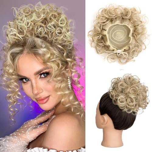 Messy Bun Kurze lockige Pferdeschwanzverlängerung Elastischer Kordelzug Lose Haare Bun Haarteile für Frauen Updo Haarverlängerung (Ash Blonde)