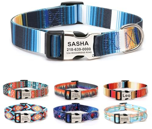 Personalisierter Hundehalsband mit gravierter Schnalle Blaue Streifen | Individuell gravierter Name & Telefonnummer; weicher verstellbarer Nylon‑Hundehalsband, modisches mehrfarbiges Muster