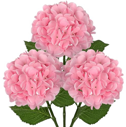 Hollyone Set di 3 fiori artificiali di ortensia rosa, Ø 17 cm, fiori di seta artificiali, come veri ortensie, decorazione per matrimoni, casa, ufficio, centrotavola, composizioni floreali