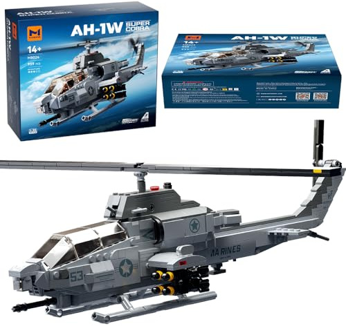 MISINI M8024 AH-1W Super Cobra Bewaffneter Hubschrauber Bausteine Set, 958 Stück Militär Medium 1:35 Hubschrauber Bausatz, Geschenke und Sammlungen für Flugzeugmodelle für Militärische Enthusiasten