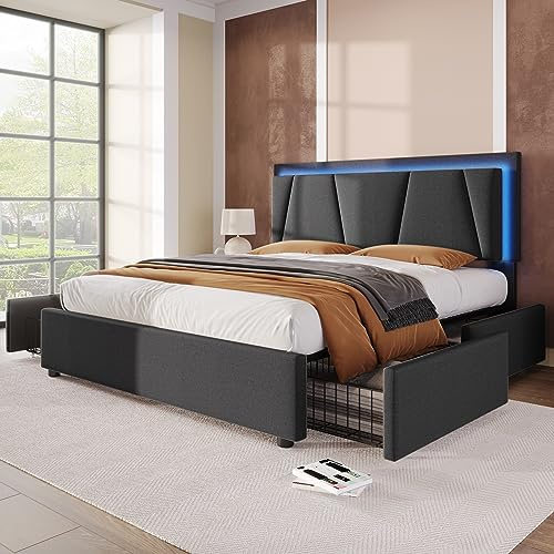 Holzbett,Doppelbett,Massivholzbett Polsterbett mit LED-Beleuchtung und 4 Schubladen,Höhenverstellbarem Kopfteil,Stauraumbetten Bettgestell, Lattenrost aus Holz, Grau,140x200cm (Mit Matratze)