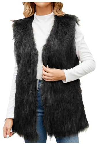Generisch Gilet in pelliccia sintetica da donna, senza maniche, in finta pelliccia, invernale, elegante, in pile leggero, alla moda, da donna, Nero , XL
