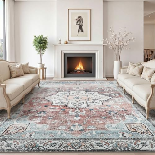 Sour Lemon Vintage Teppich Wohnzimmer 240X300cm Rot Schlafzimmer Carpet | Orientalischer Retro Boho Kurzflor Flauschig Waschbar Großer Teppiche Gegend Modern Rutschmatte Für Kinderzimmer Esszimmer