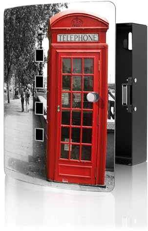 banjado Design Schlüsselkasten aus Edelstahl für 10 Schlüssel - Schlüsselschrank zur Schlüssel Aufbewahrung 24 x 21,5 x 7cm groß mit praktischem Magnetverschluss - Motiv London Red Telephone