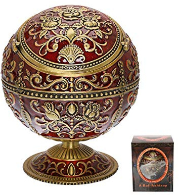Vintage Windproof Ashtray with Lid for Cigarettes & Cigars - Metal Portable Odor Eliminator for Indoors & Outdoors - Hand Stamped Nice Gift for Men & Women - LAUYOO (Dark Red with Bronze Rose)