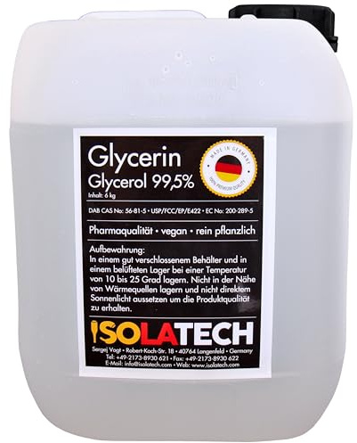 ISOLATECH Glycerin 99,5 % 5 l farmakvalitet, tillverkad i Tyskland, mätt 99,98 % rent vegetabiliskt, glycerin glycerol flytande transparent 5 l behållare (kapacitet 6 kg)