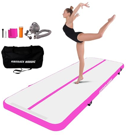 AirTrack Nordic Standard Airtrack-matta 3 m, 8 m med luftpump, uppblåsbar gymnastikmatta, passar bäst för gymnastik, yoga, hållbar och lätt att transportera, sportmatta, gymnastikmatta (5, rosa)